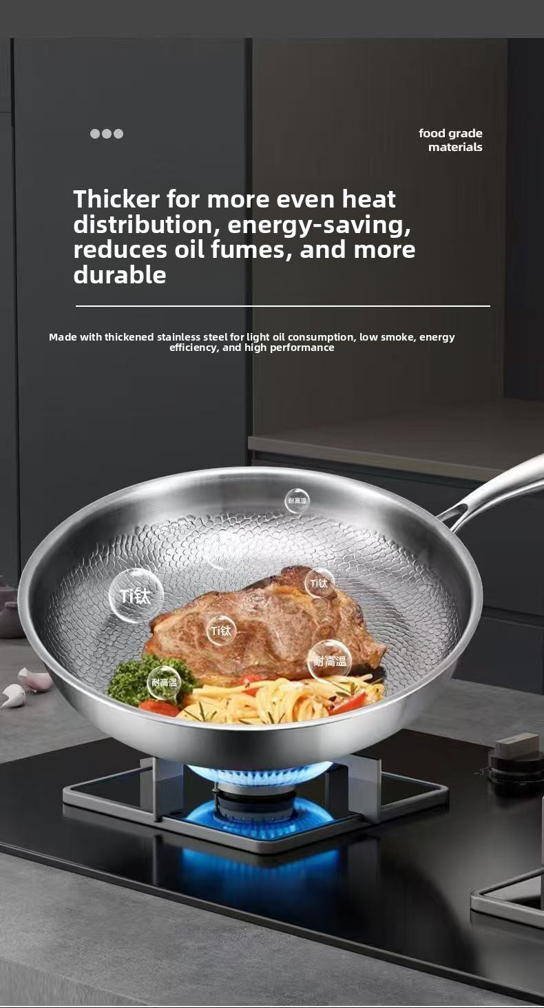 304 Stainless Steel Frying Pan with Gold-Tone Handle