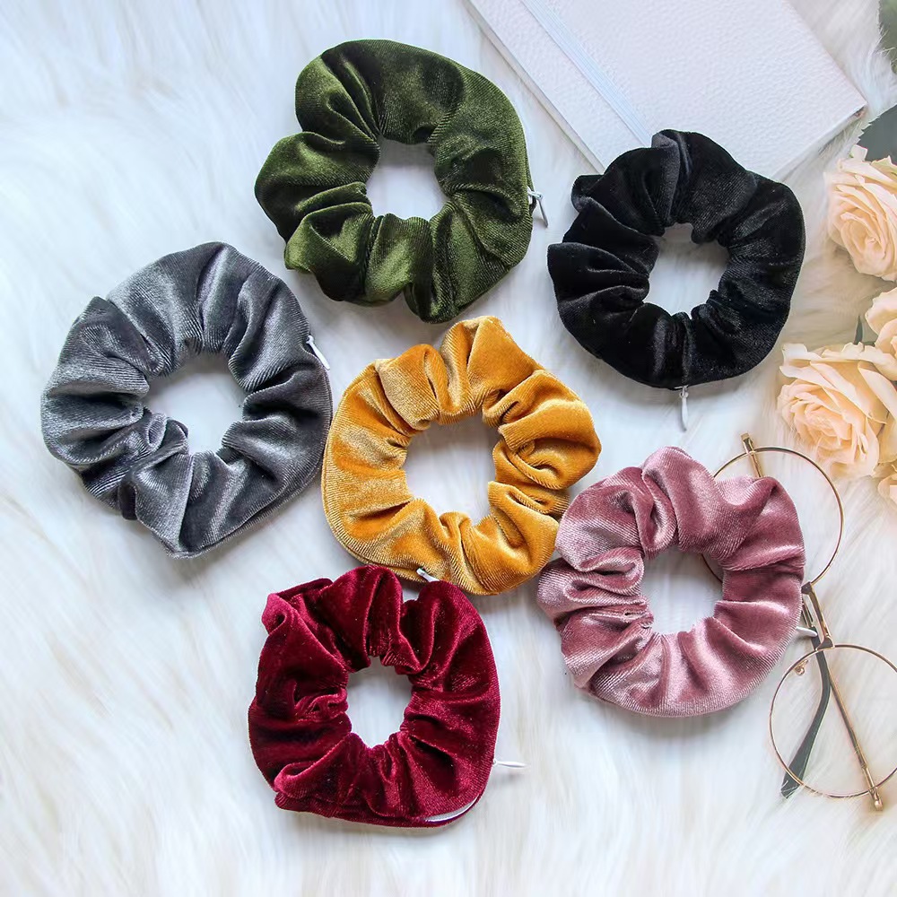 Korean Style Velvet Zipper Scrunchie Adjustable Ponytail Holder Hair Accessory