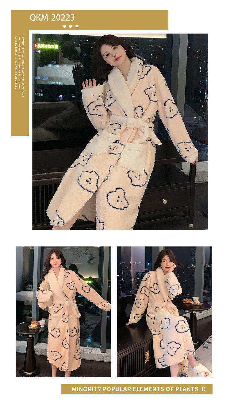 Women's Thickened Coral Fleece Long Robe with Cartoon Pattern Autumn Winter Cozy Nightgown