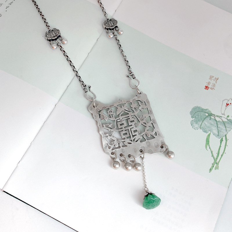 925 Silver Plated Double Happiness Pendant Tassel Long Sweater Chain