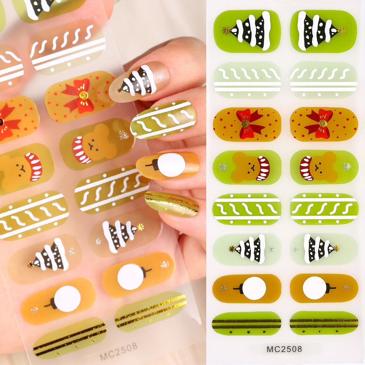 16-Finger French Christmas No-Bake Gel Nail Stickers Self-Adhesive Nail Polish Film Manicure Decals