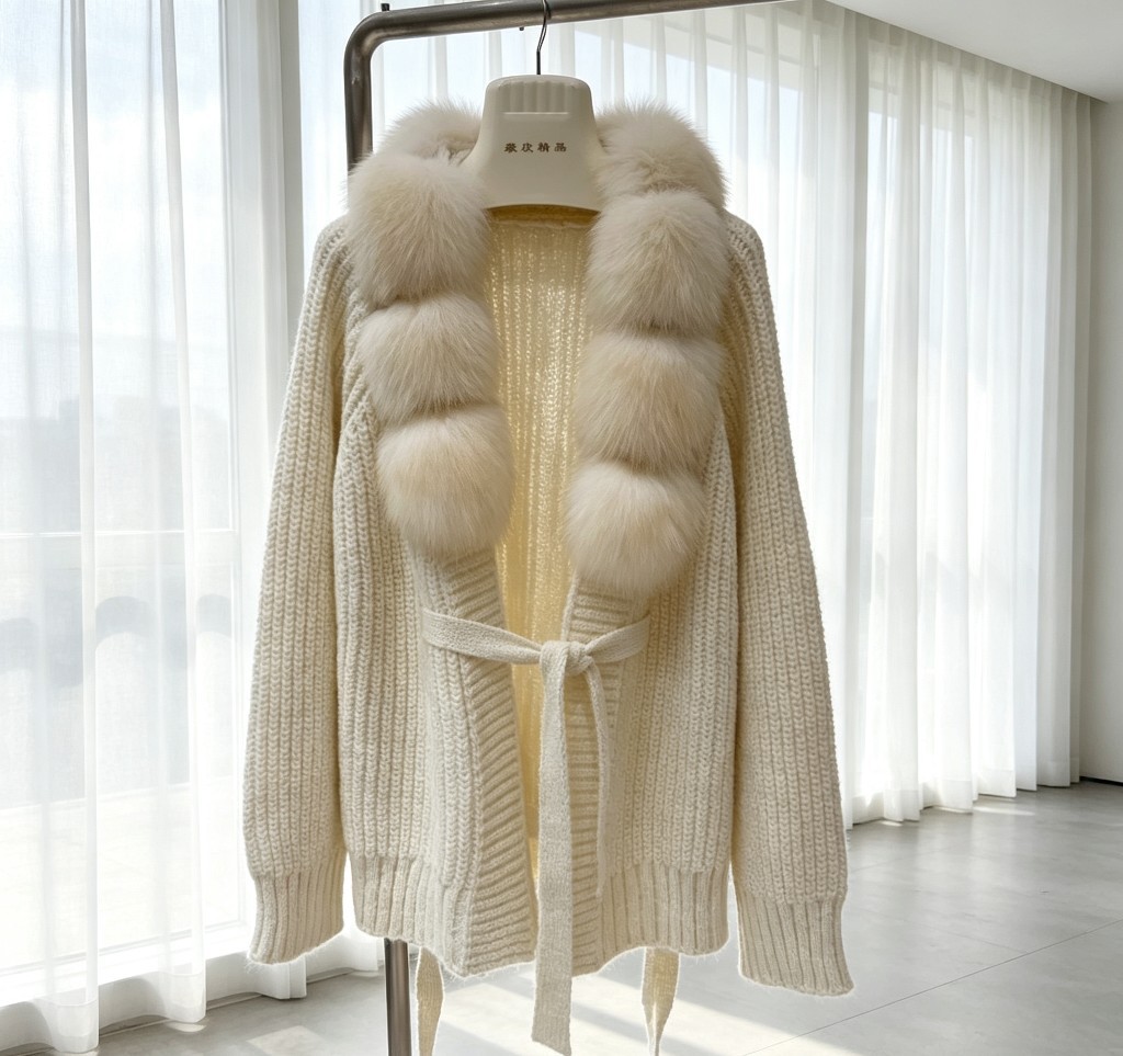 Women's Detachable Fox Fur Collar Knitted Fur Coat