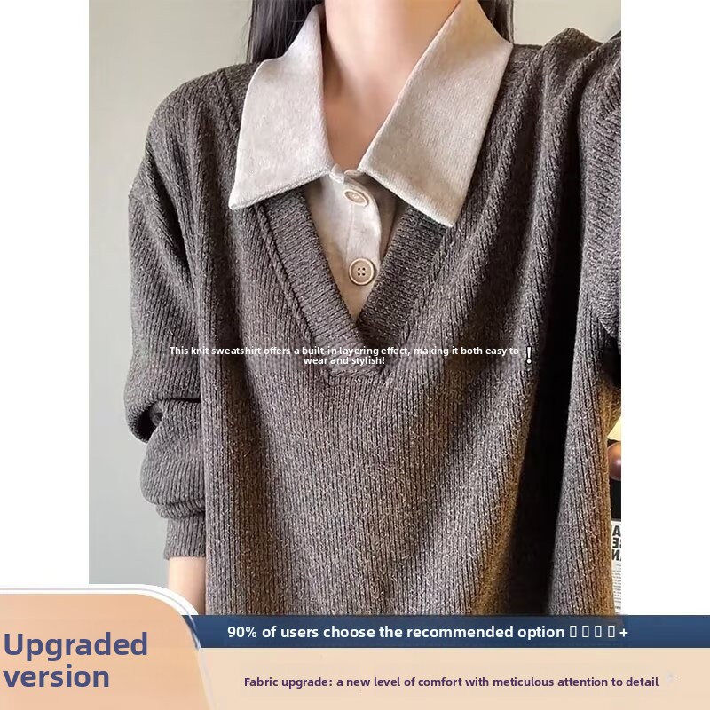 Men's Faux Two-Piece V-Neck Knit Sweater Breathable Anti-Static Long Sleeve Pullover