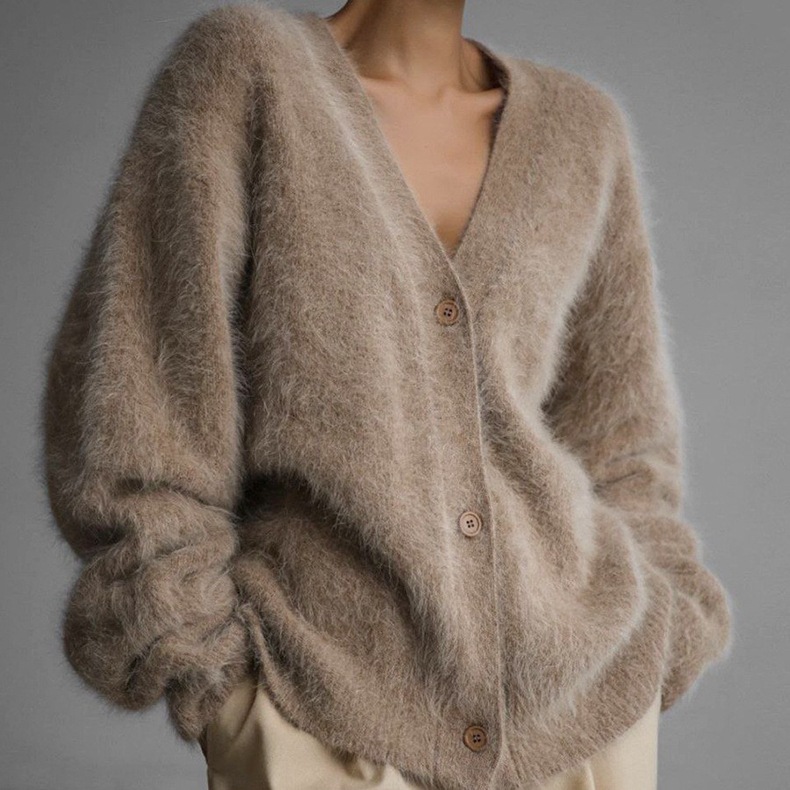 Women's Faux Fur Knit Cardigan V-Neck Long Sleeve Loose Fit Sweater