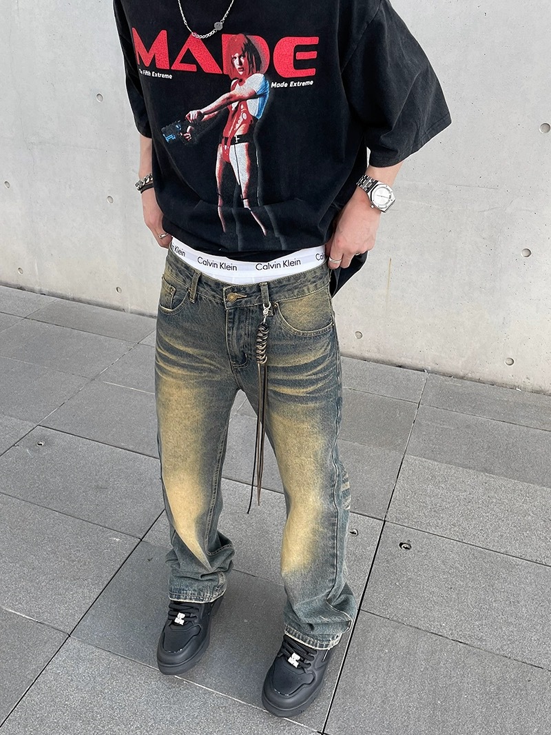Distressed yellow mud-dyed washed jeans straight-tube micro-pants