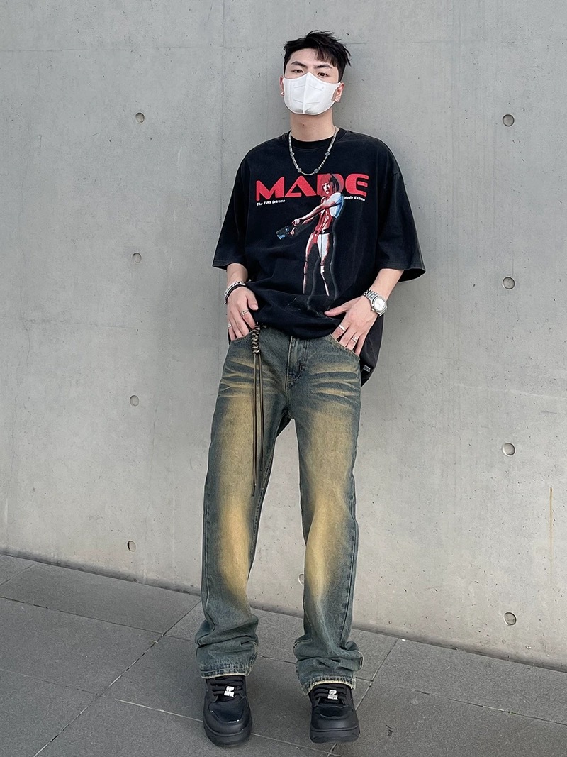 Distressed yellow mud-dyed washed jeans straight-tube micro-pants