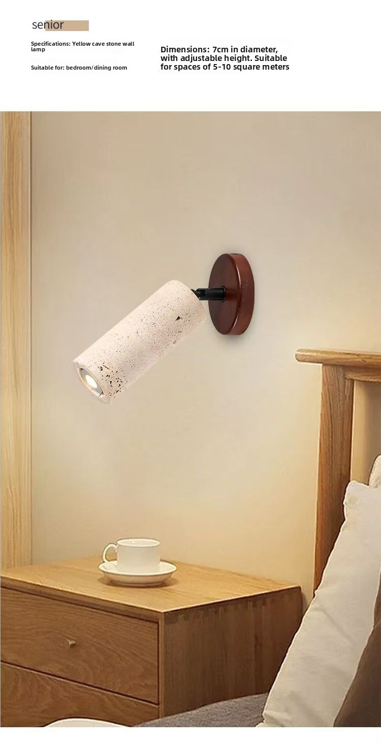 Wabi-Sabi Style Cave Stone Wall Lamp Wooden Body LED Warm Light Fixture for Hotel Bedroom Restaurant