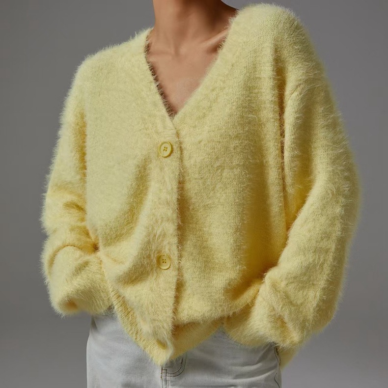 Women's Faux Fur Knit Cardigan V-Neck Long Sleeve Loose Fit Sweater