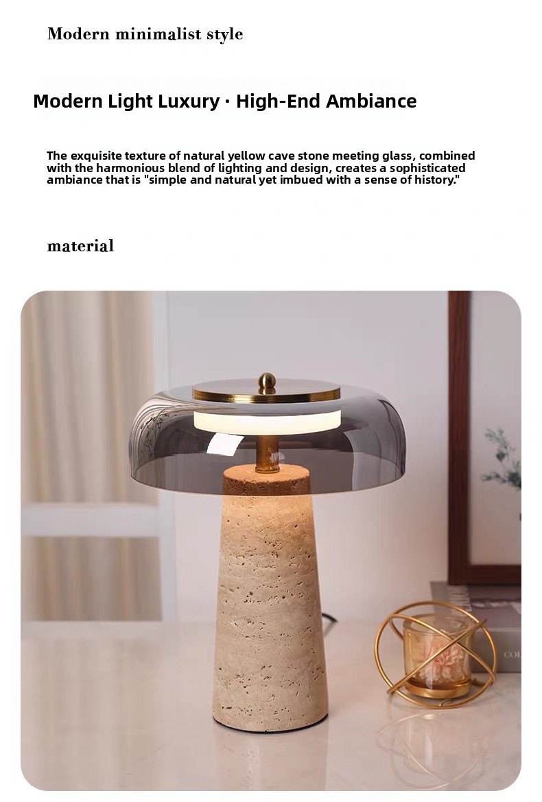 Nordic Minimalist Yellow Travertine and Glass Table Lamp