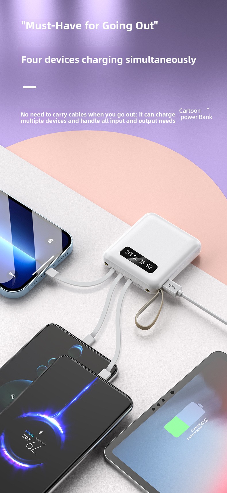 Portable Power Bank with Built-in Cables PD 2.0 Fast Charging High Capacity Lithium Polymer Battery for Smartphones and Tablets