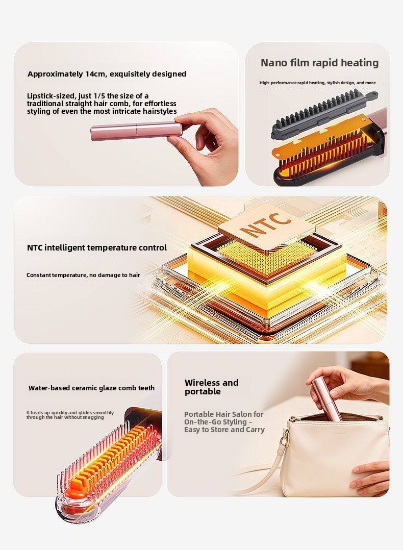 Mini Wireless Portable Hair Straightener Comb with Titanium Tourmaline Coating for Travel and Daily Styling