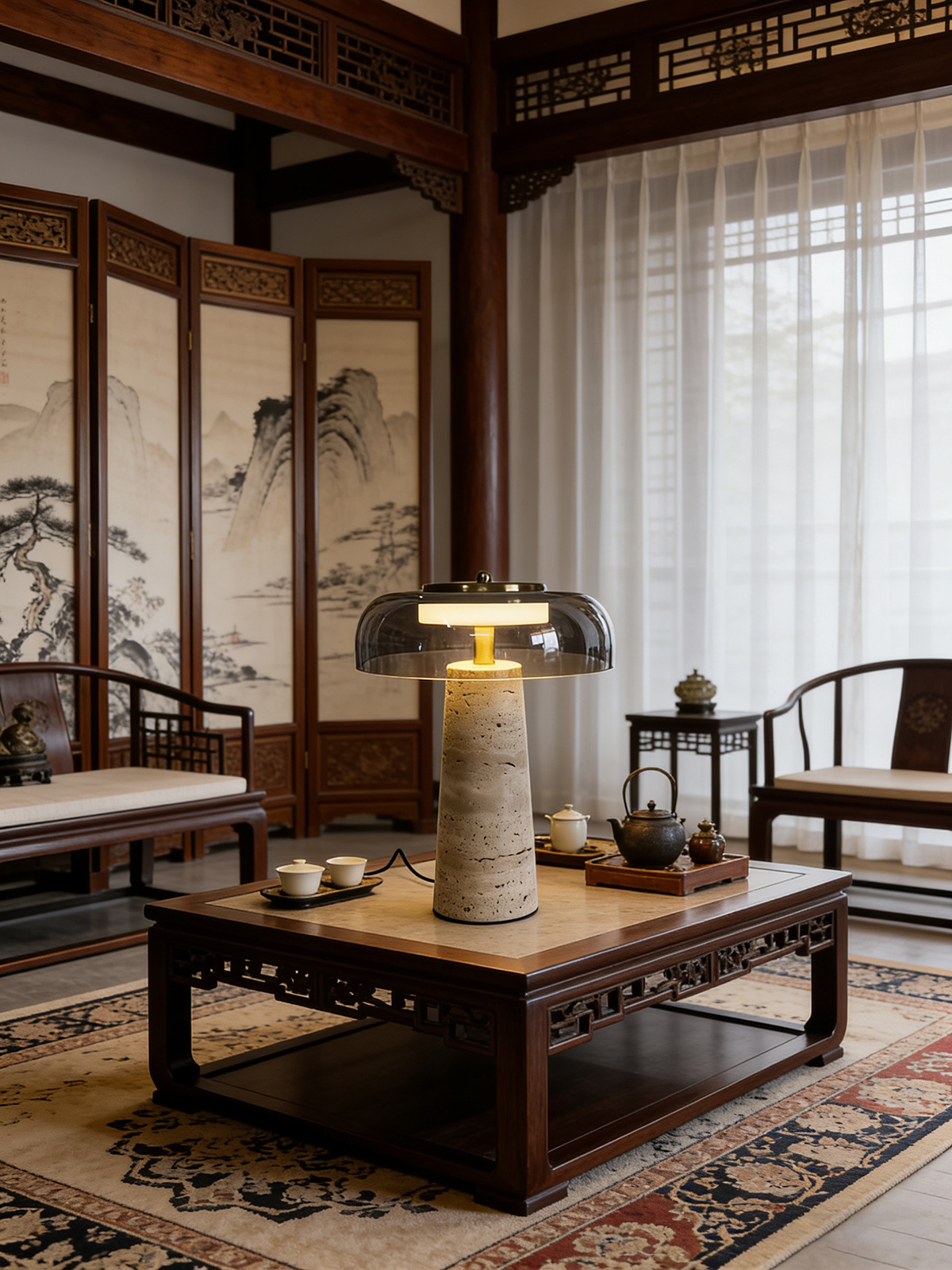 Nordic Minimalist Yellow Travertine and Glass Table Lamp