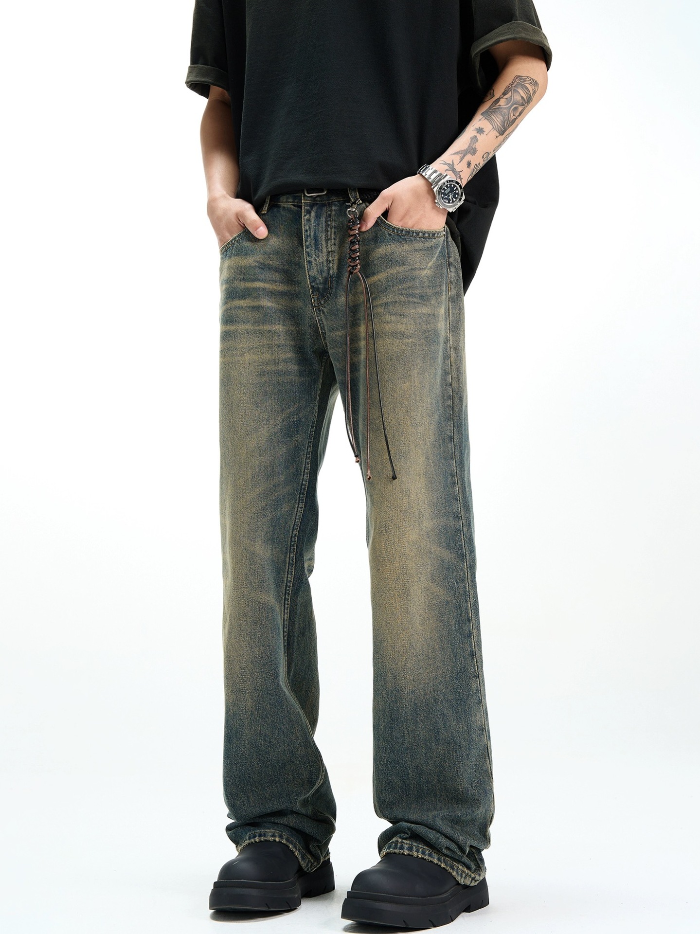 Distressed yellow mud-dyed washed jeans straight-tube micro-pants