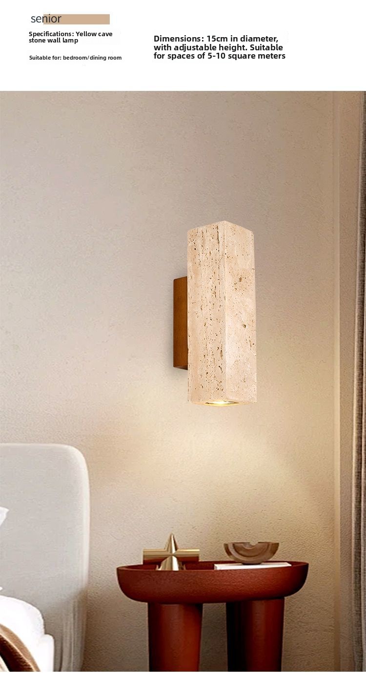 Wabi-Sabi Style Cave Stone Wall Lamp Wooden Body LED Warm Light Fixture for Hotel Bedroom Restaurant