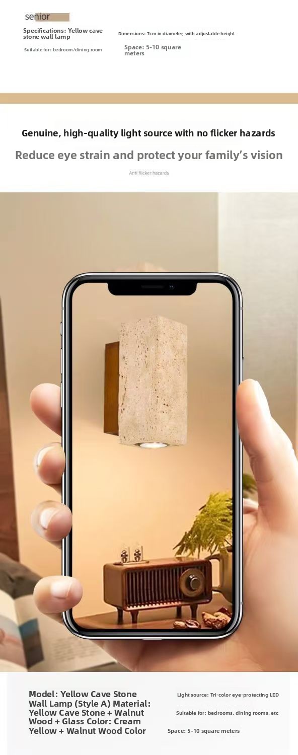 Wabi-Sabi Style Cave Stone Wall Lamp Wooden Body LED Warm Light Fixture for Hotel Bedroom Restaurant