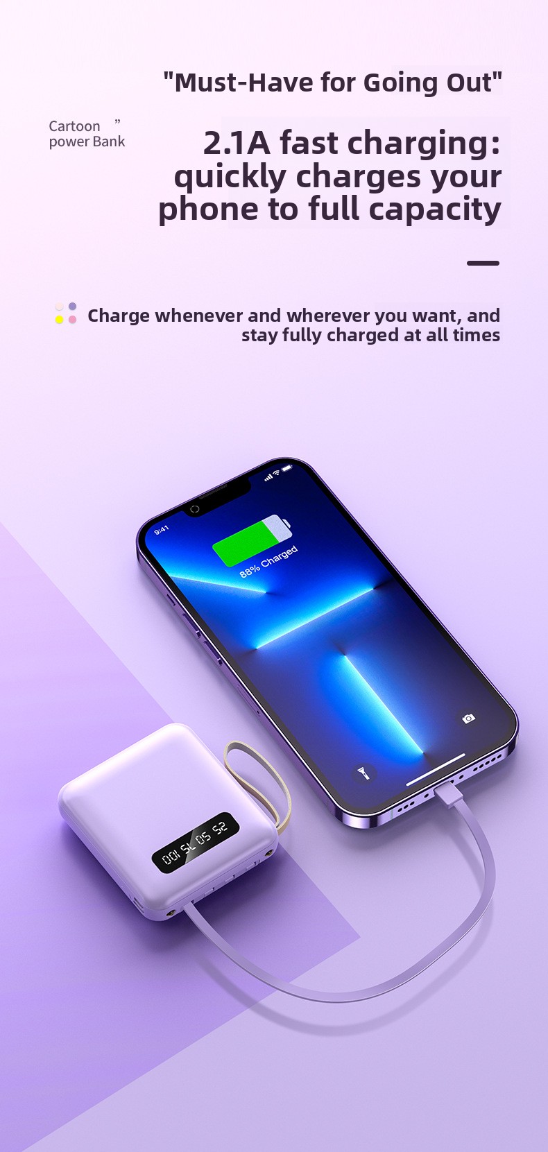 Portable Power Bank with Built-in Cables PD 2.0 Fast Charging High Capacity Lithium Polymer Battery for Smartphones and Tablets