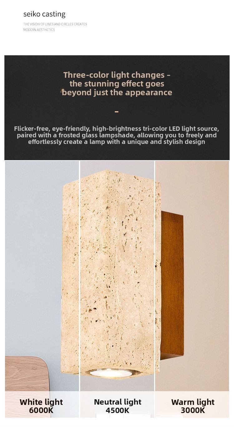 Wabi-Sabi Style Cave Stone Wall Lamp Wooden Body LED Warm Light Fixture for Hotel Bedroom Restaurant