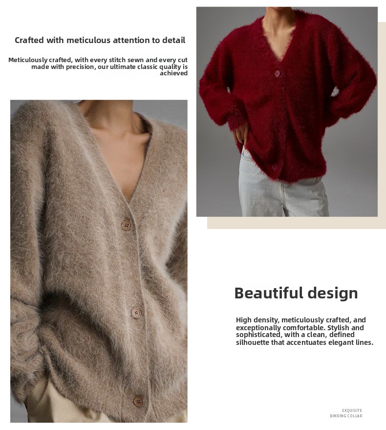 Women's Faux Fur Knit Cardigan V-Neck Long Sleeve Loose Fit Sweater