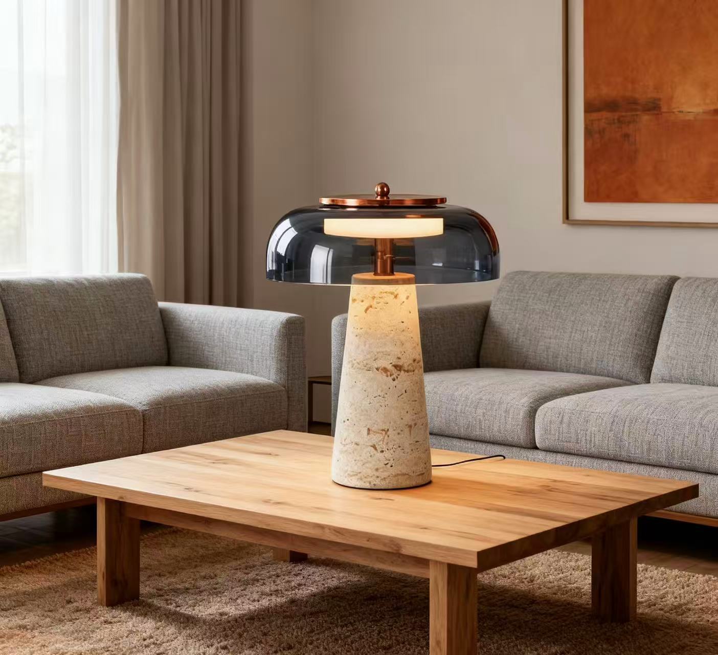 Nordic Minimalist Yellow Travertine and Glass Table Lamp