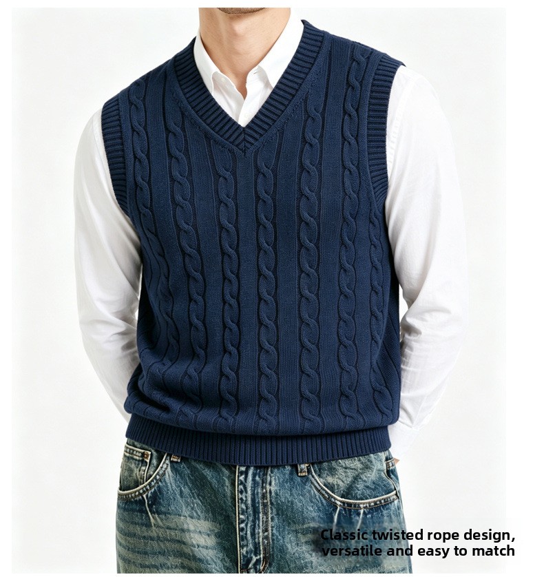 Men's 100% cotton sleeveless V-neck pullover with fleece lining