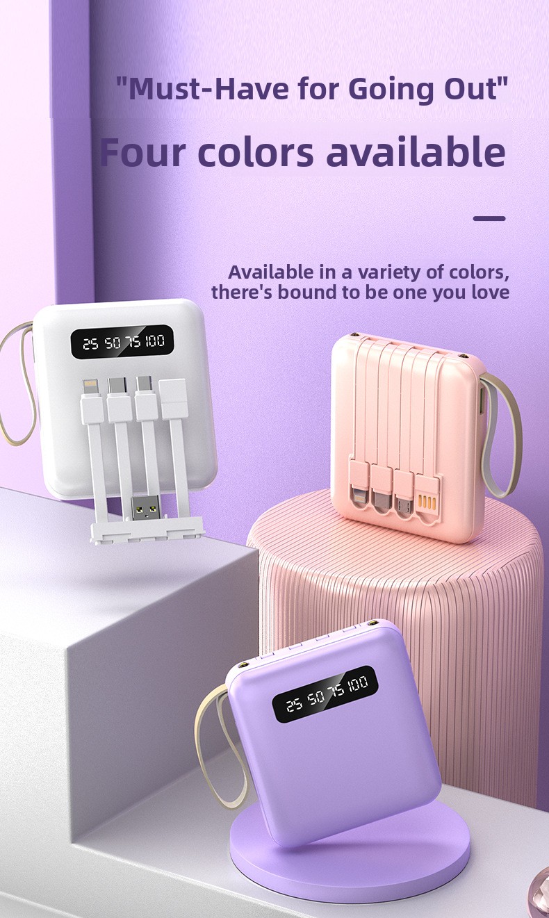 Portable Power Bank with Built-in Cables PD 2.0 Fast Charging High Capacity Lithium Polymer Battery for Smartphones and Tablets