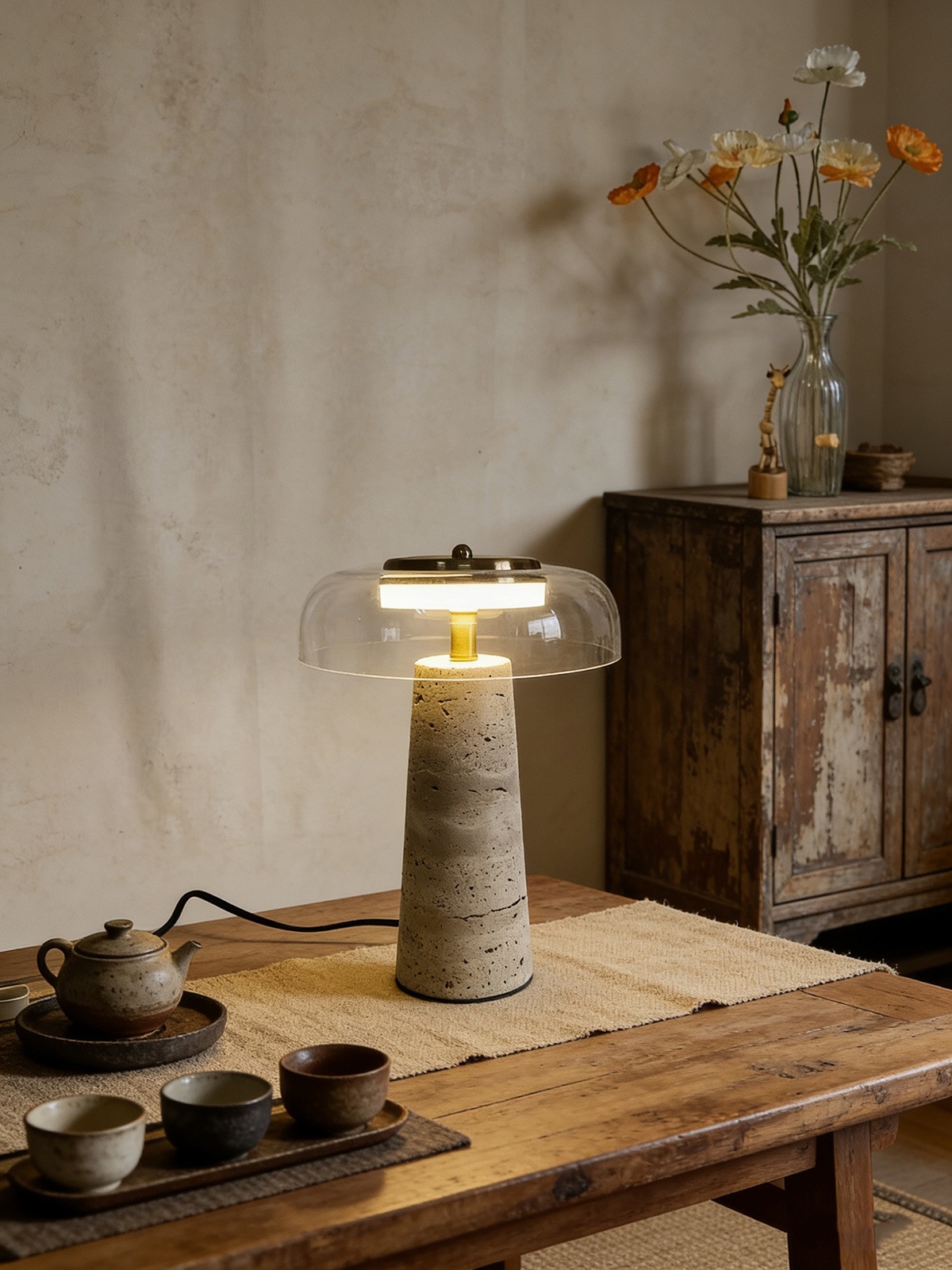 Nordic Minimalist Yellow Travertine and Glass Table Lamp