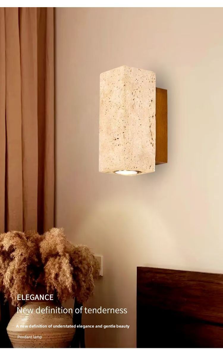 Wabi-Sabi Style Cave Stone Wall Lamp Wooden Body LED Warm Light Fixture for Hotel Bedroom Restaurant
