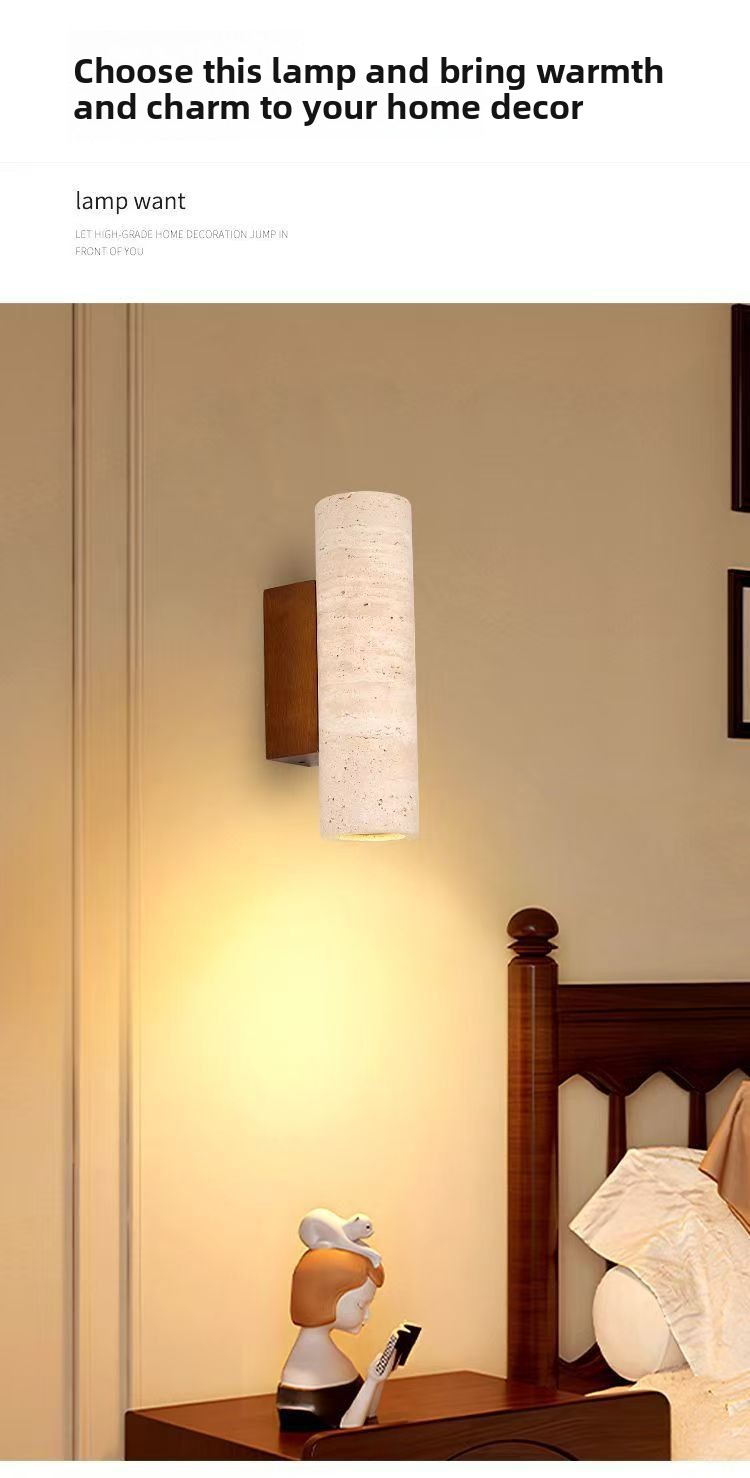 Wabi-Sabi Style Cave Stone Wall Lamp Wooden Body LED Warm Light Fixture for Hotel Bedroom Restaurant