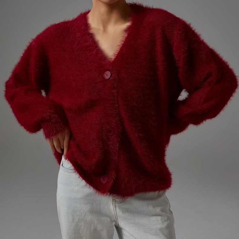 Women's Faux Fur Knit Cardigan V-Neck Long Sleeve Loose Fit Sweater