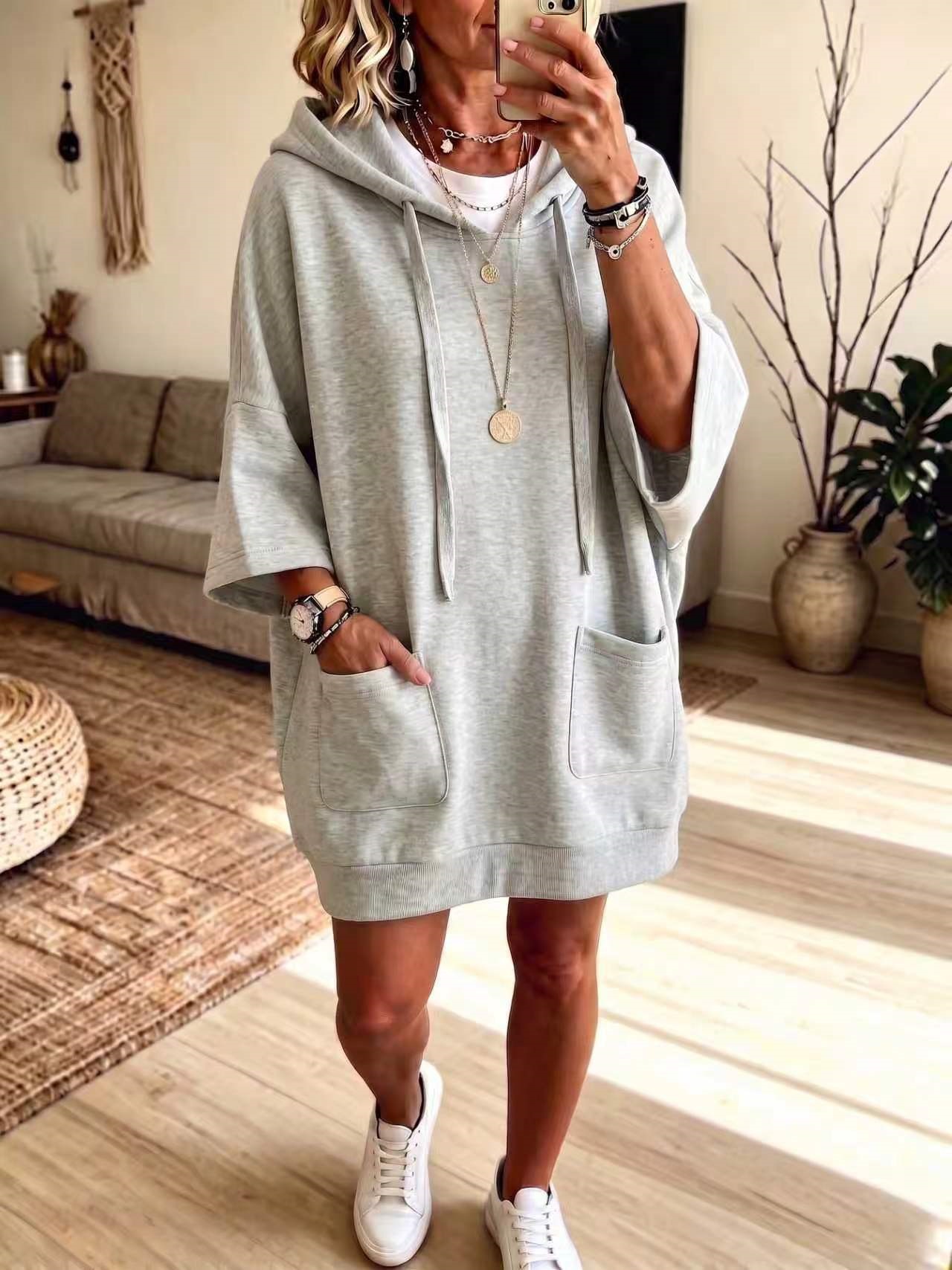 Women's casual solid-color long-sleeved hooded hoodie