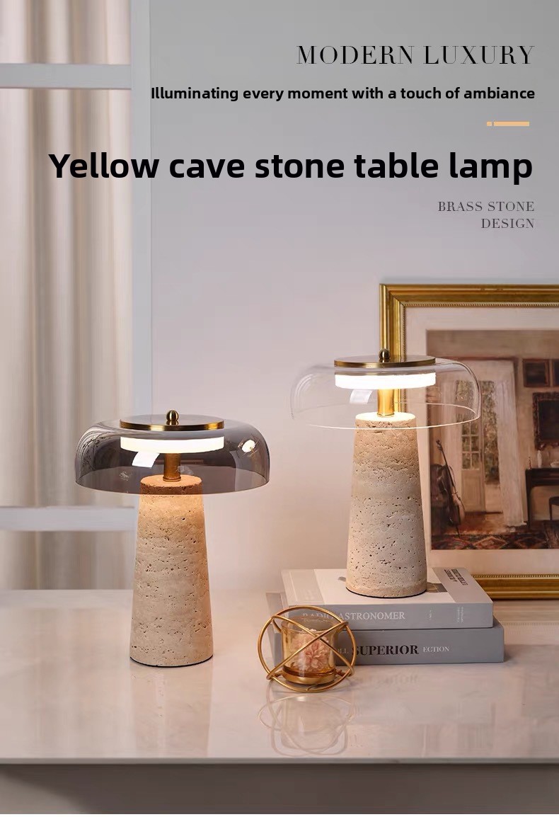 Nordic Minimalist Yellow Travertine and Glass Table Lamp
