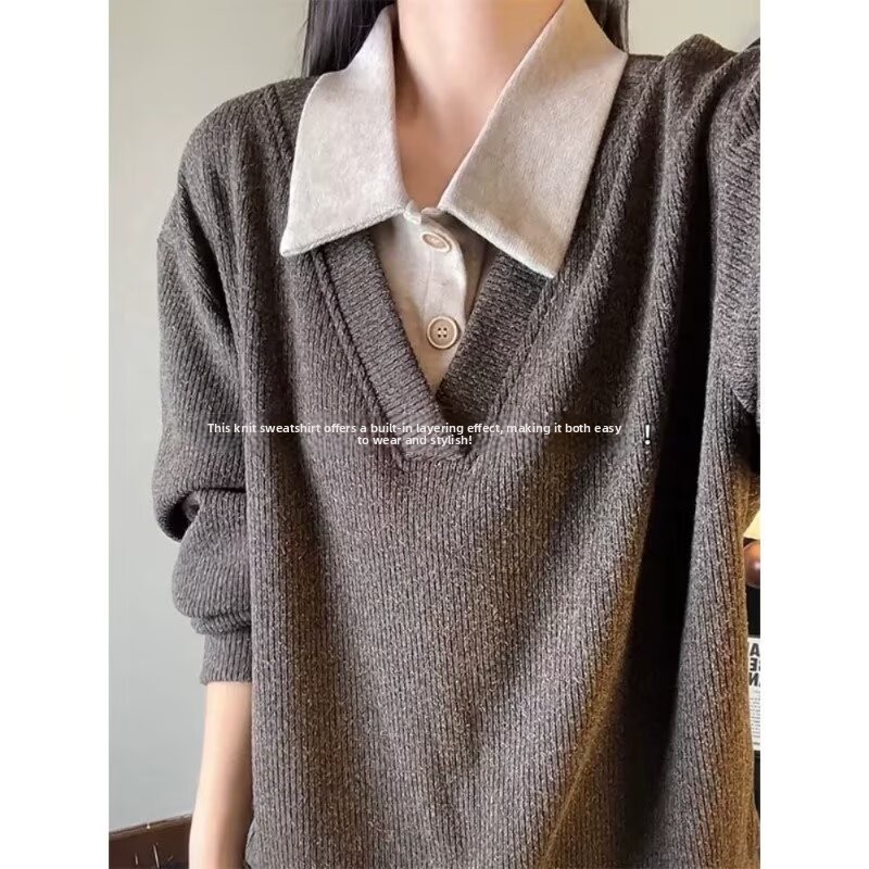 Men's Faux Two-Piece V-Neck Knit Sweater Breathable Anti-Static Long Sleeve Pullover