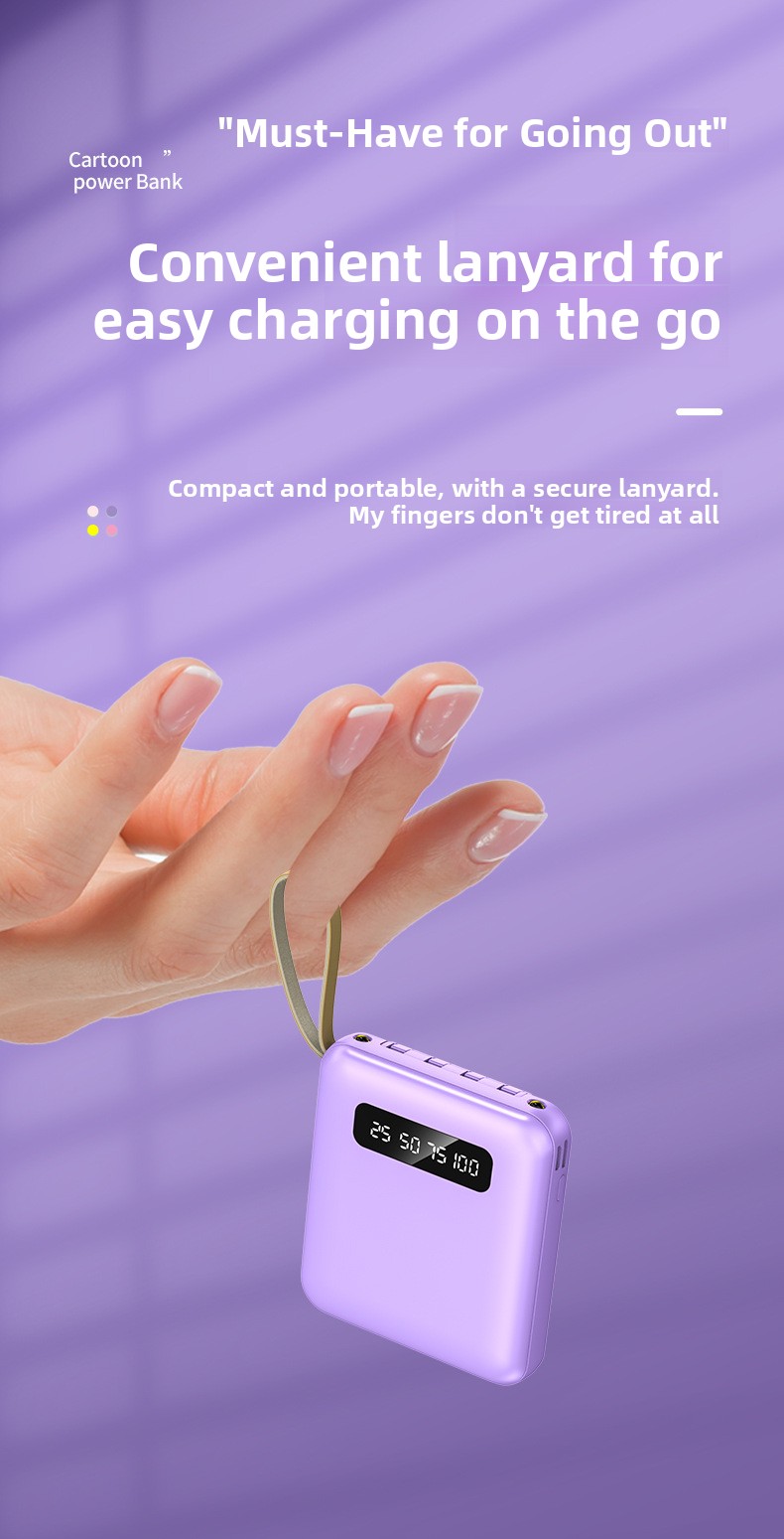 Portable Power Bank with Built-in Cables PD 2.0 Fast Charging High Capacity Lithium Polymer Battery for Smartphones and Tablets