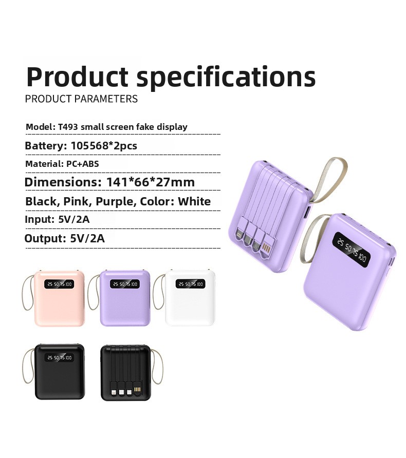 Portable Power Bank with Built-in Cables PD 2.0 Fast Charging High Capacity Lithium Polymer Battery for Smartphones and Tablets