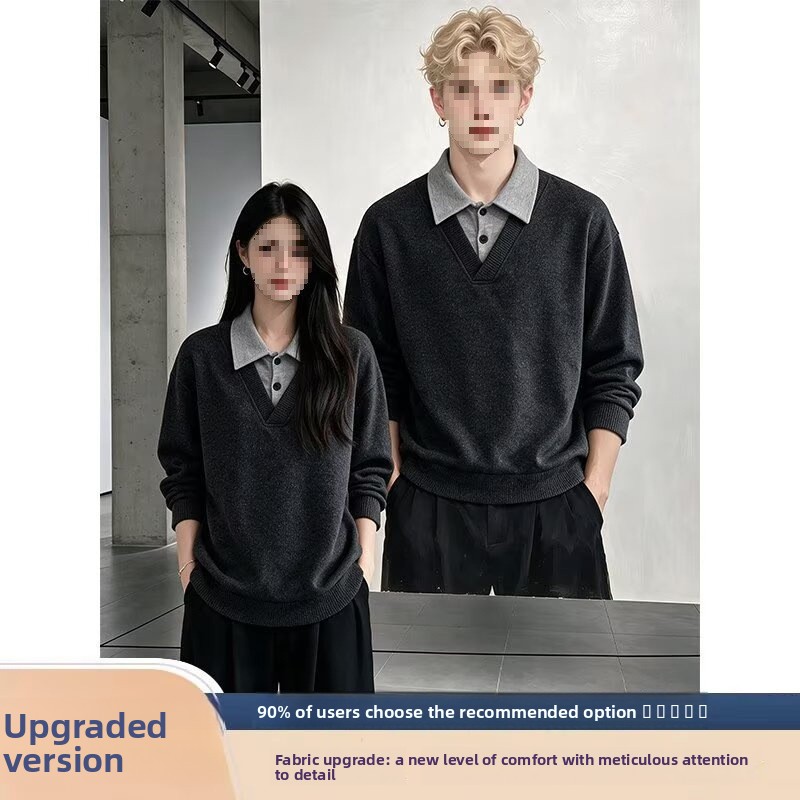 Men's Faux Two-Piece V-Neck Knit Sweater Breathable Anti-Static Long Sleeve Pullover