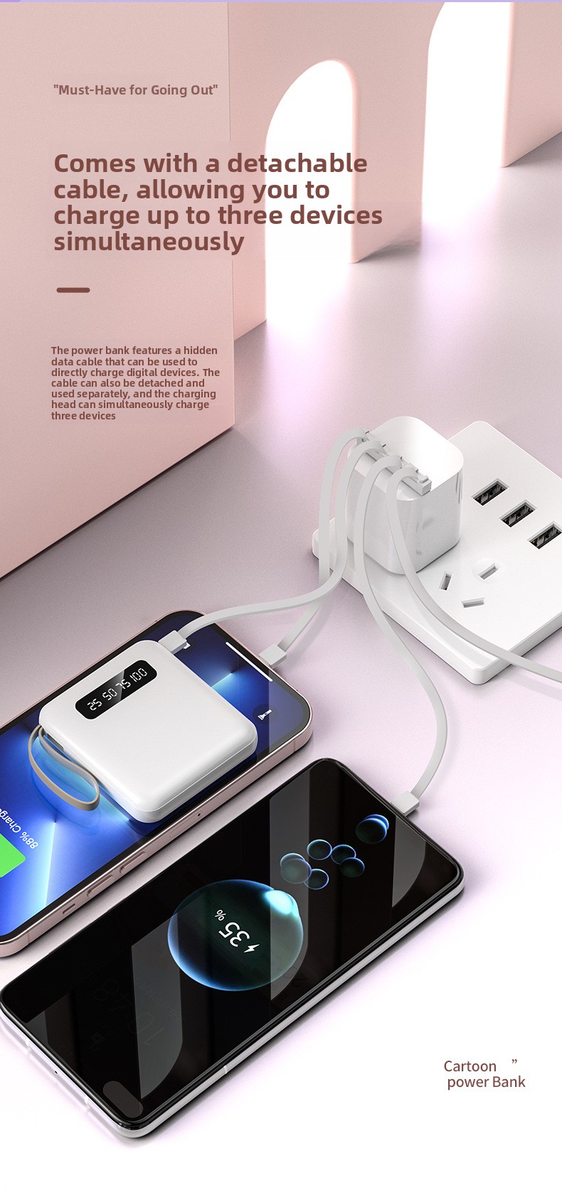 Portable Power Bank with Built-in Cables PD 2.0 Fast Charging High Capacity Lithium Polymer Battery for Smartphones and Tablets