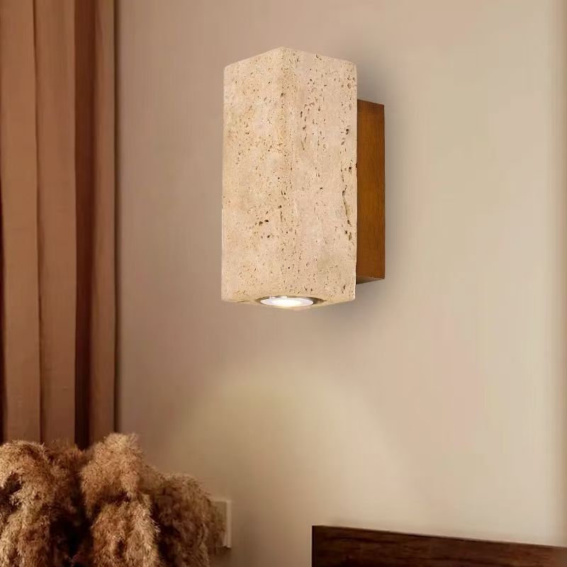 Wabi-Sabi Style Cave Stone Wall Lamp Wooden Body LED Warm Light Fixture for Hotel Bedroom Restaurant