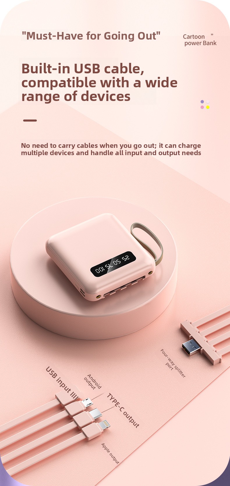 Portable Power Bank with Built-in Cables PD 2.0 Fast Charging High Capacity Lithium Polymer Battery for Smartphones and Tablets