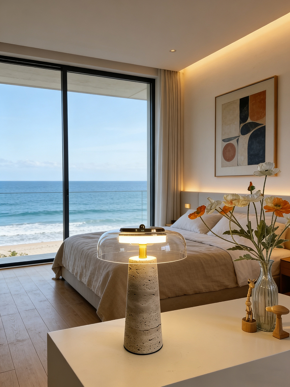 Nordic Minimalist Yellow Travertine and Glass Table Lamp