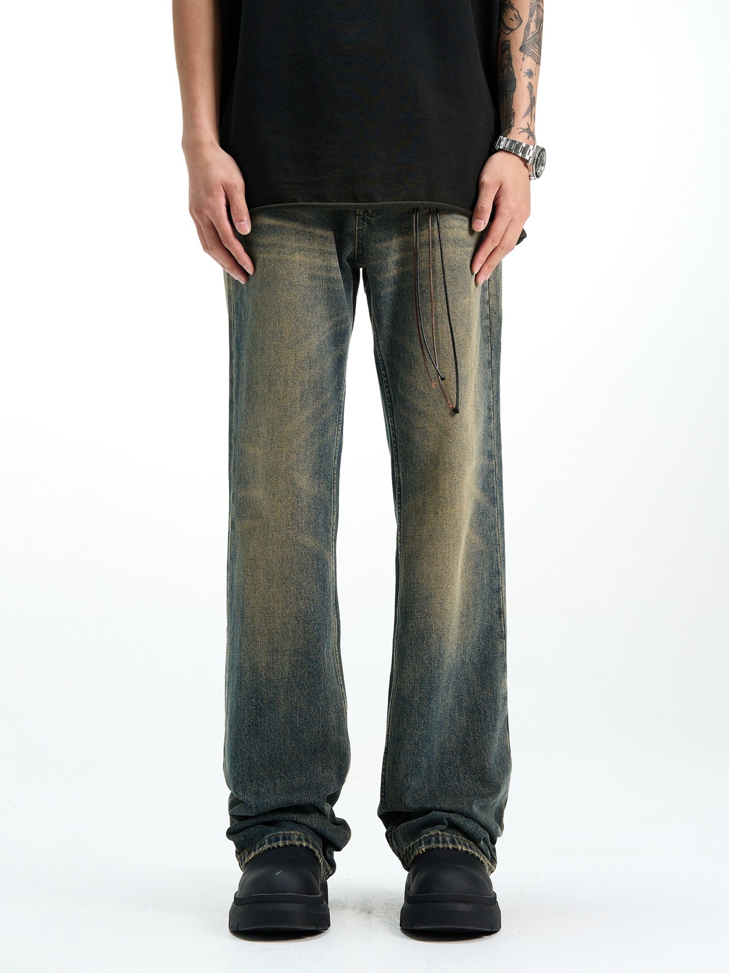 Distressed yellow mud-dyed washed jeans straight-tube micro-pants