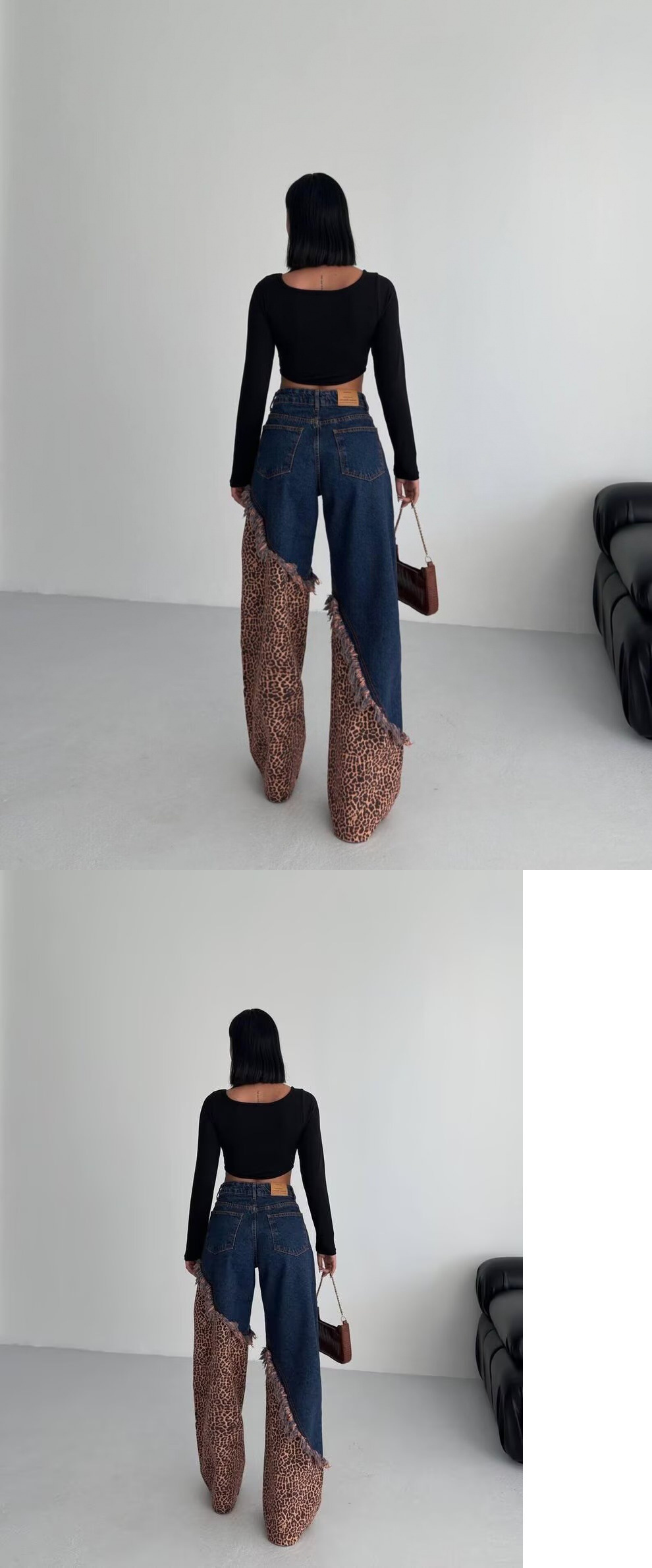 Womens High Waist Leopard Print Wide Leg Jeans Vintage Slimming Denim Trousers