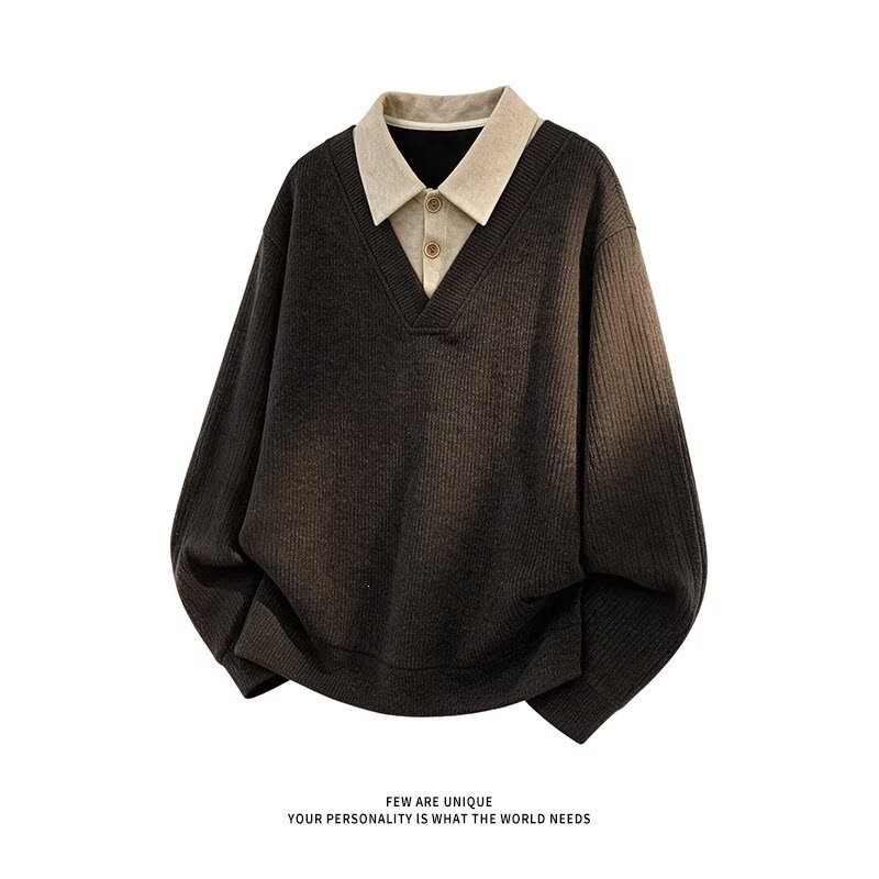 Men's Faux Two-Piece V-Neck Knit Sweater Breathable Anti-Static Long Sleeve Pullover