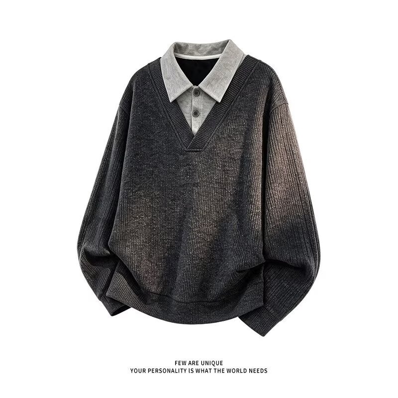 Men's Faux Two-Piece V-Neck Knit Sweater Breathable Anti-Static Long Sleeve Pullover
