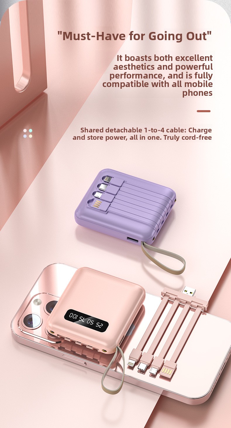 Portable Power Bank with Built-in Cables PD 2.0 Fast Charging High Capacity Lithium Polymer Battery for Smartphones and Tablets