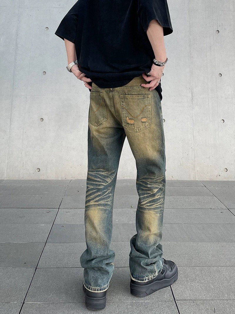 Distressed yellow mud-dyed washed jeans straight-tube micro-pants