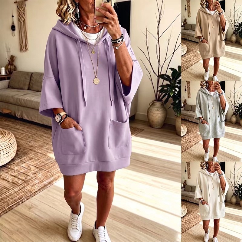 Women's casual solid-color long-sleeved hooded hoodie