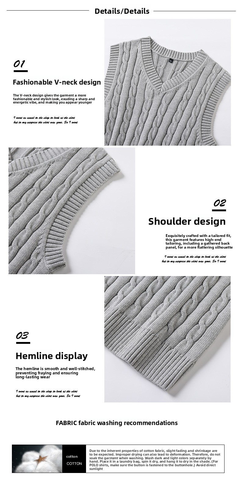 Men's 100% cotton sleeveless V-neck pullover with fleece lining