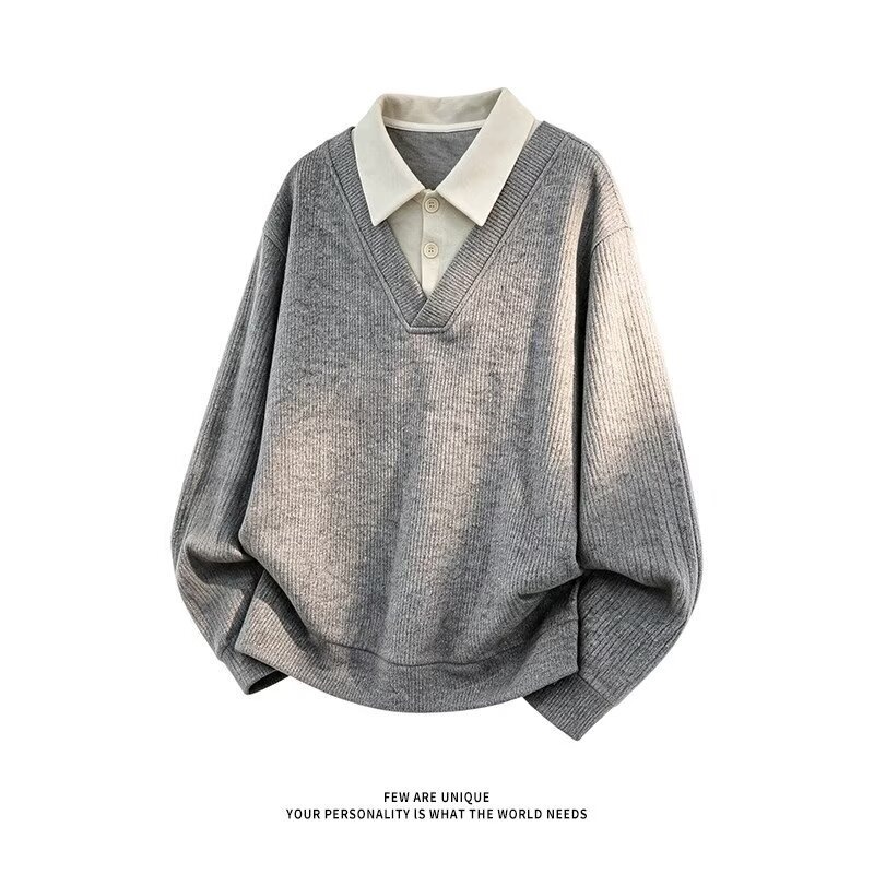 Men's Faux Two-Piece V-Neck Knit Sweater Breathable Anti-Static Long Sleeve Pullover