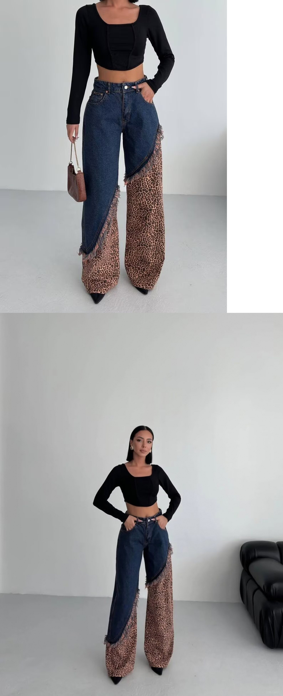 Womens High Waist Leopard Print Wide Leg Jeans Vintage Slimming Denim Trousers