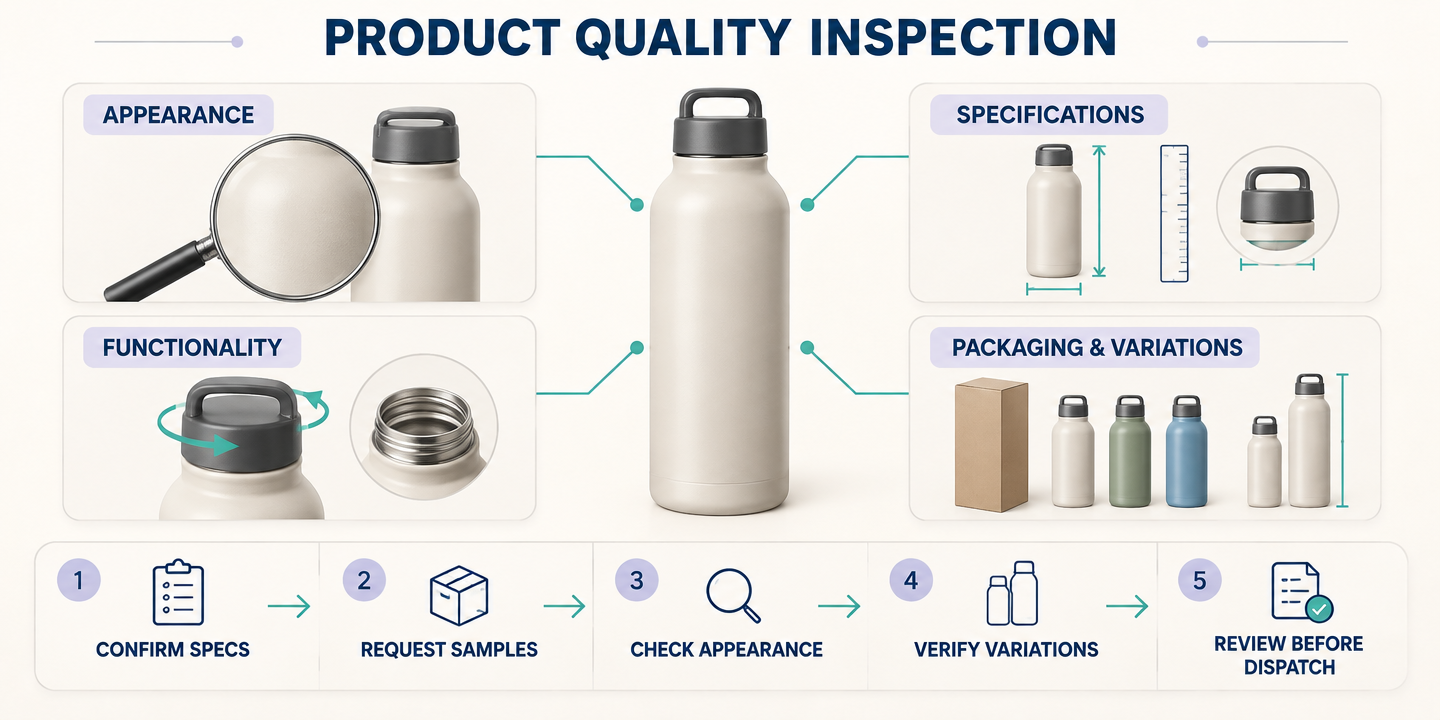 1688 dropshipping quality inspection infographic showing product appearance specifications and packaging checks